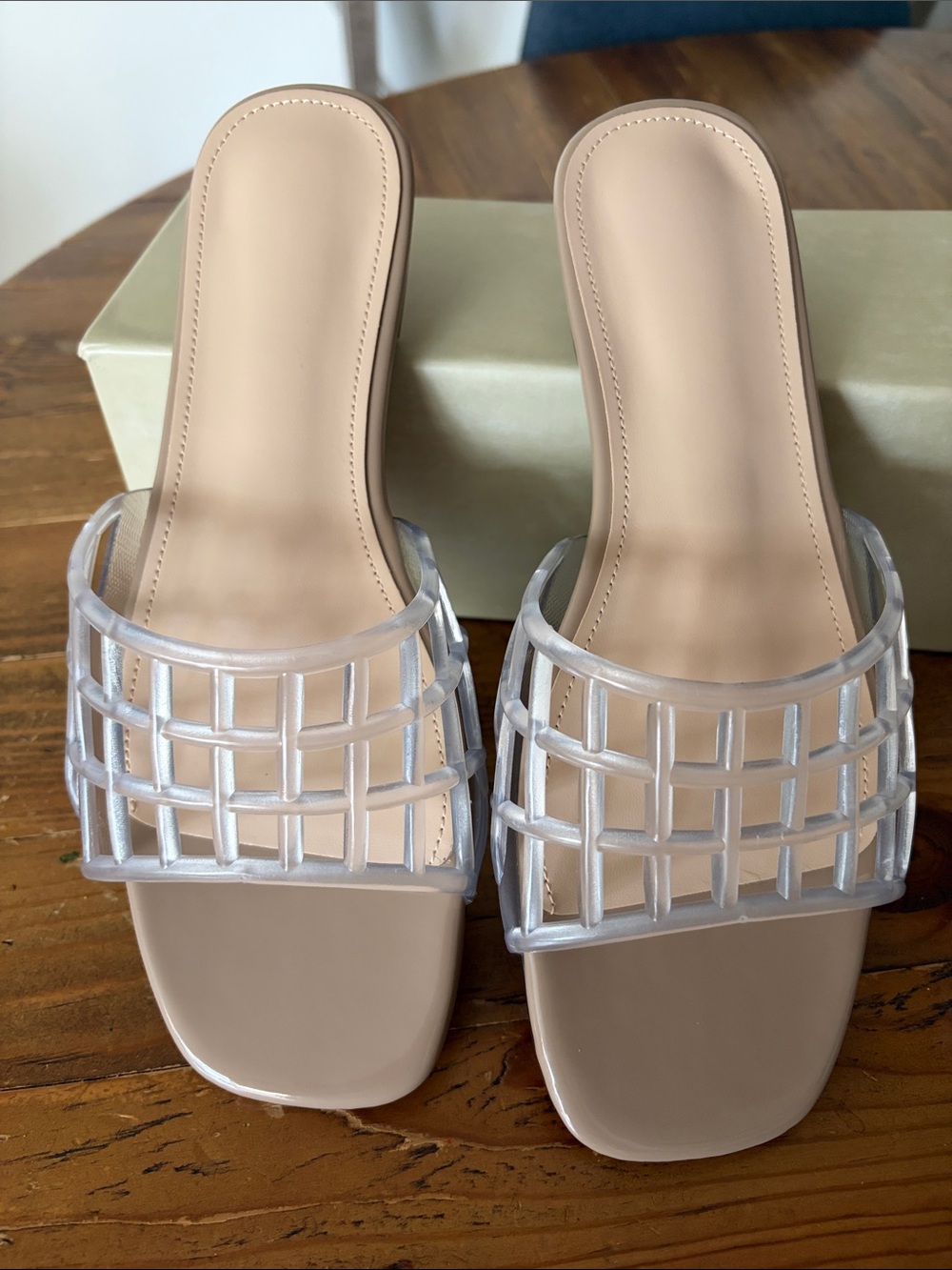 Clear Lattice Slide Sandals in Beige